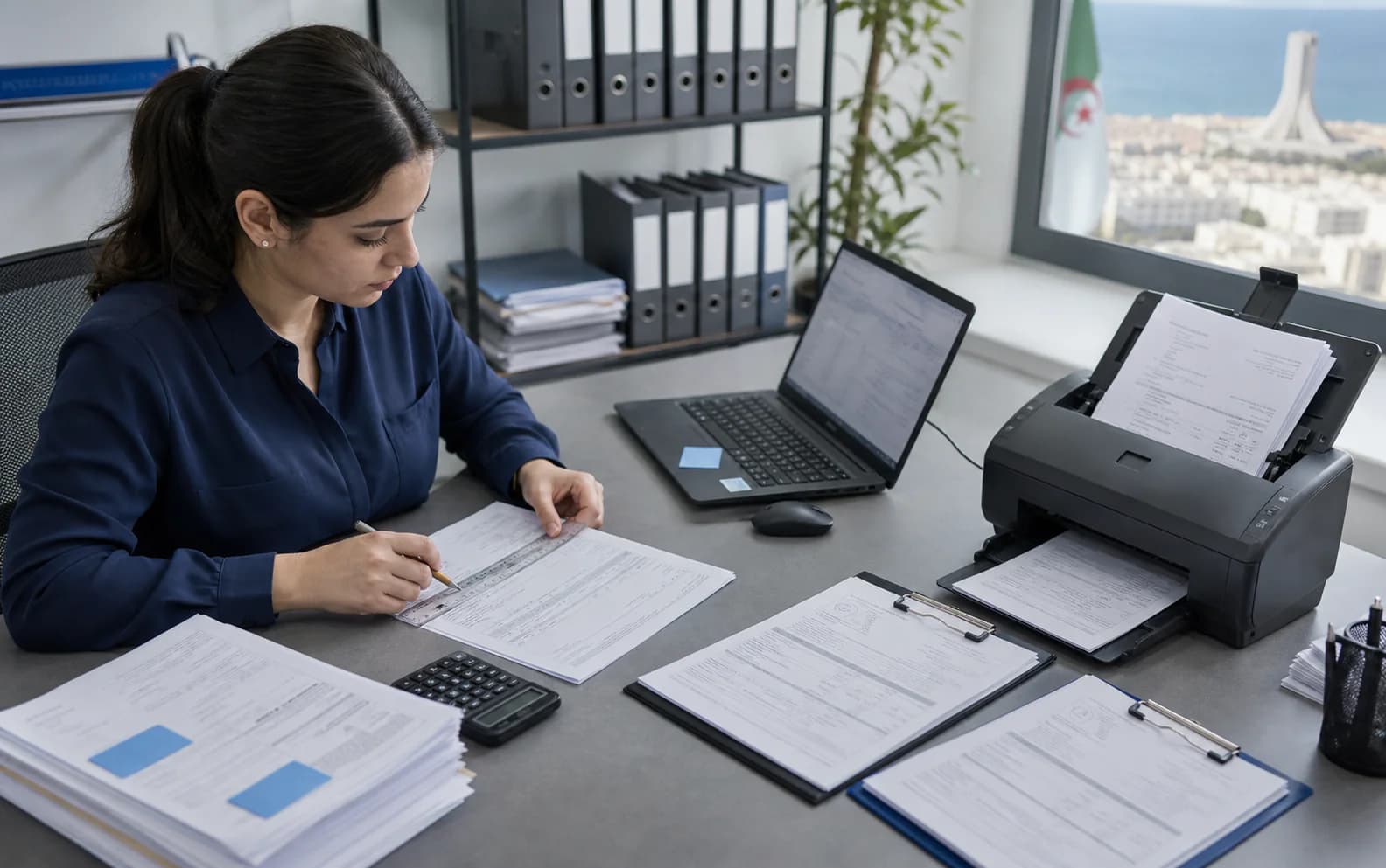 Analyste vérifiant des documents commerciaux numérisés dans un environnement contrôlé