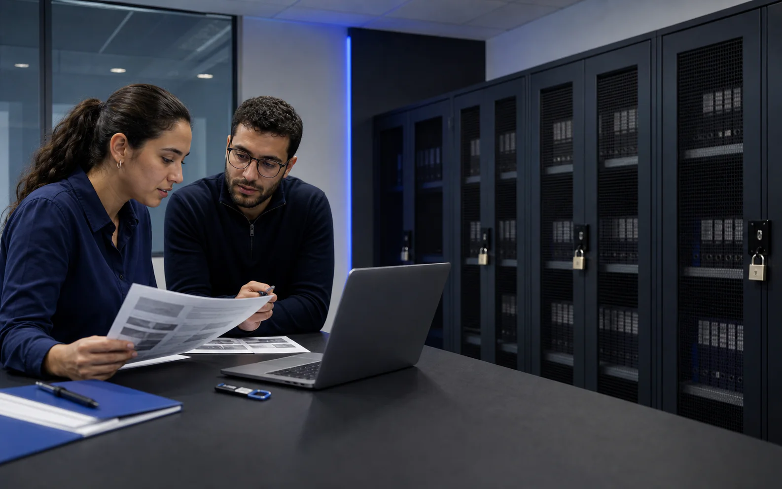 Équipe technique contrôlant un assistant support dans un environnement à accès limité