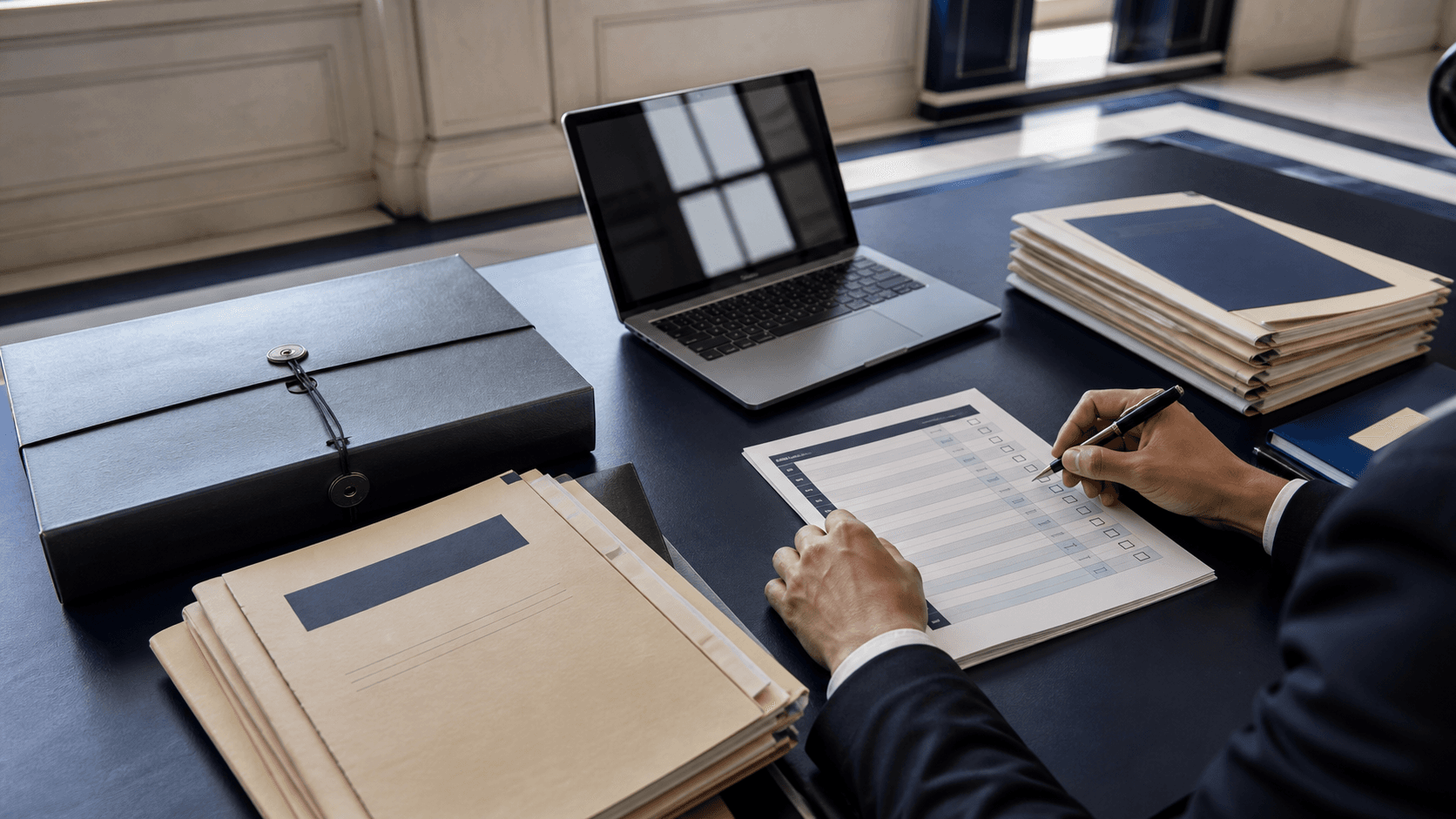 Files and checklist arranged for a data compliance review
