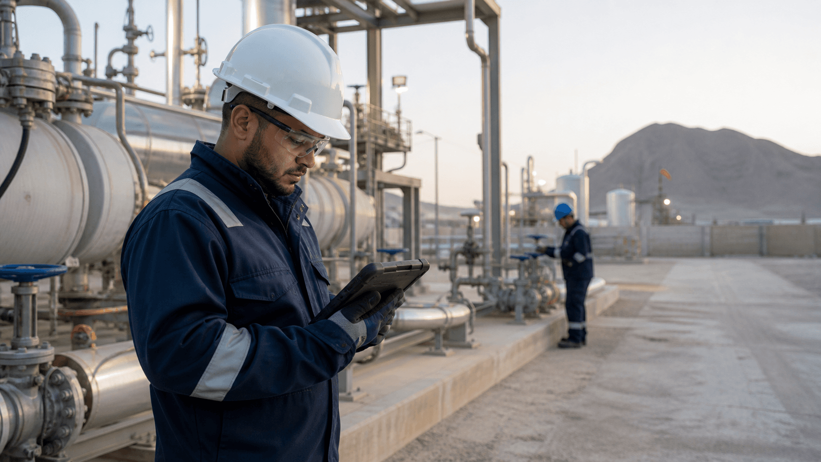 Technicien utilisant une tablette sur un site industriel avec une connectivité intermittente